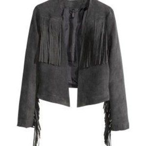Vegan Suede Black Fringe Cropped Jacket - M